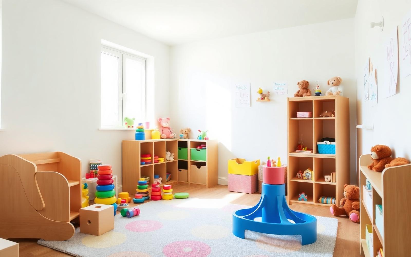 Bright playroom with wooden toys, colourful stacking rings and soft plush animals